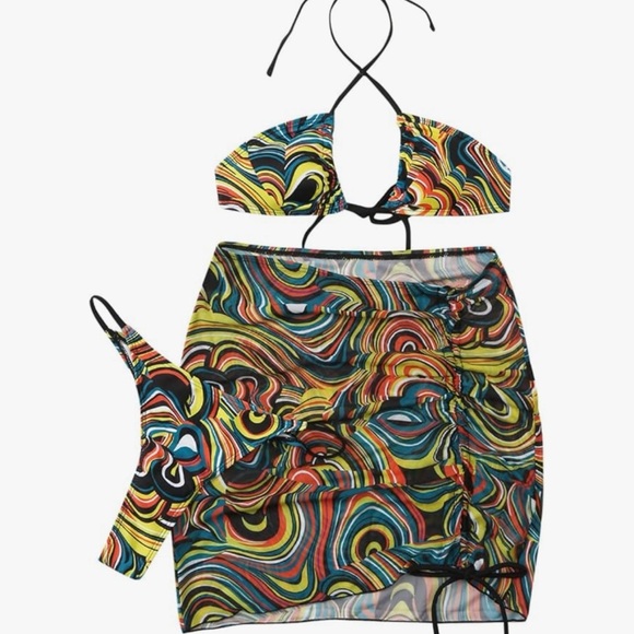 Multicolor Swirl Halter Strappy Bikini Set with Ruched Coverup Skirt - Picture 2 of 3
